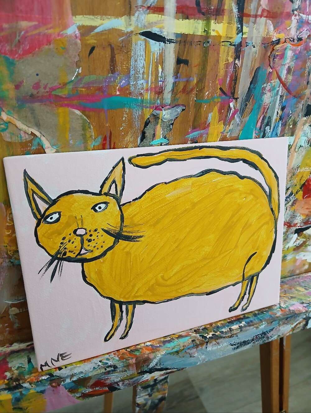 Big Yellow Cat Painting Folk Art